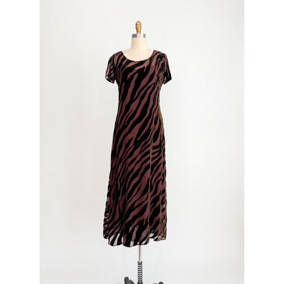 brown sheer velvet‎ burnout y2k vtg tiger stripe midi dress size S